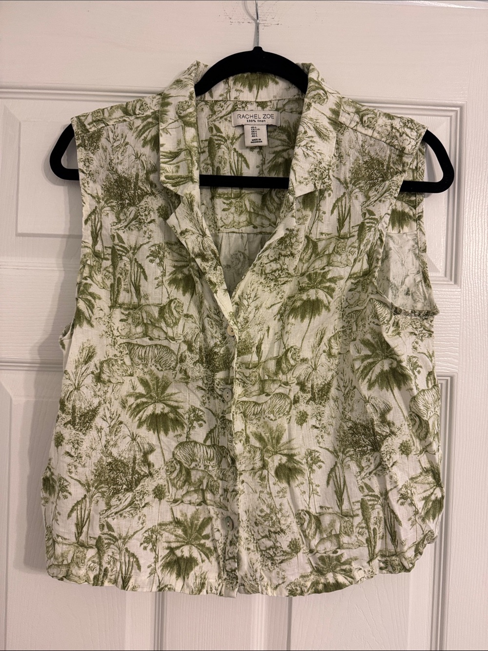 Rachel Zoe White and Green Toile Animal Print Sleeveless Button-Down Shirt